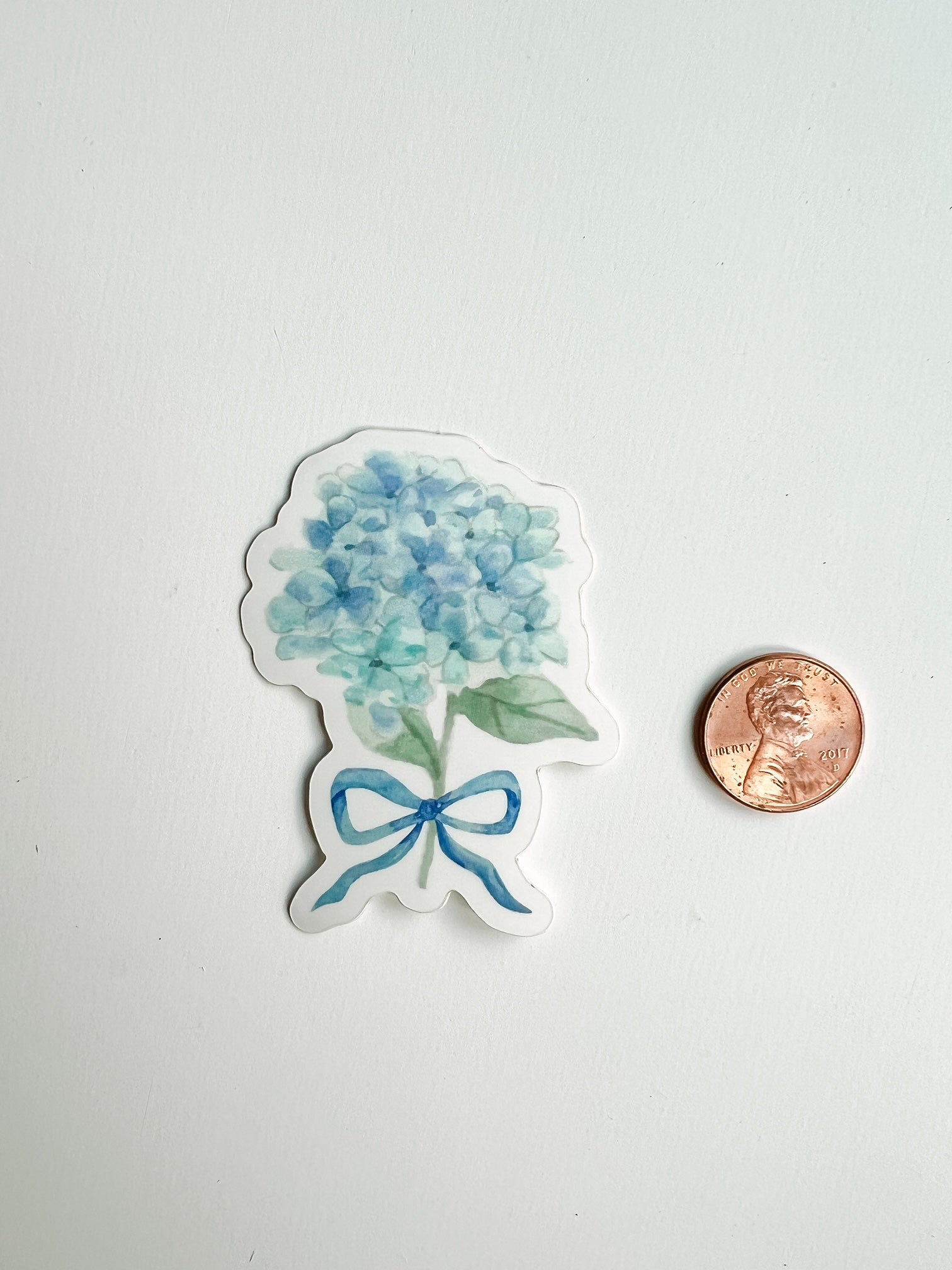 Blue hydrangea flower sticker with blue bow