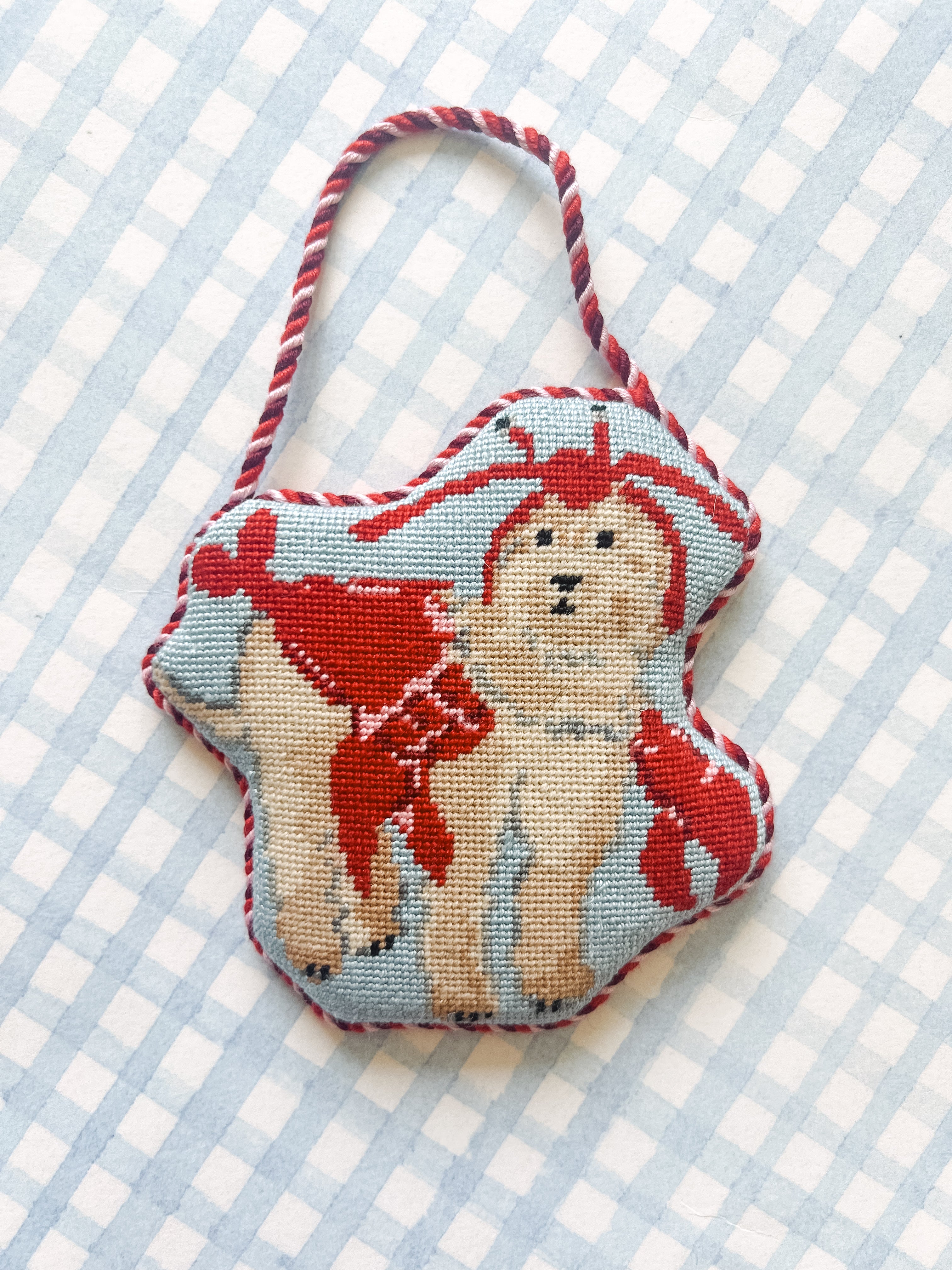 Finished Needlepoint Canvas of Dog in Lobster Costume
