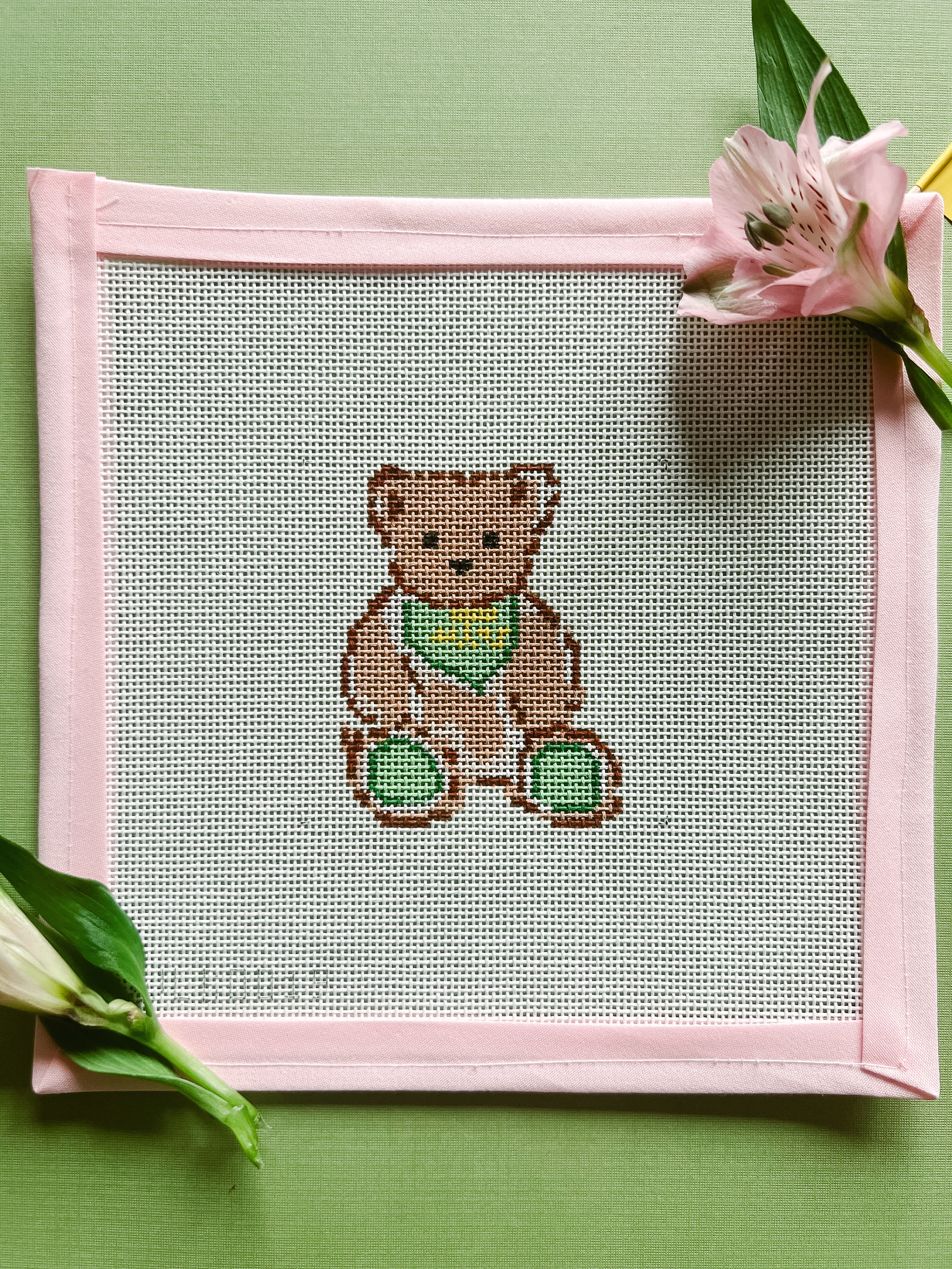 Brown bear golfing needlepoint canvas