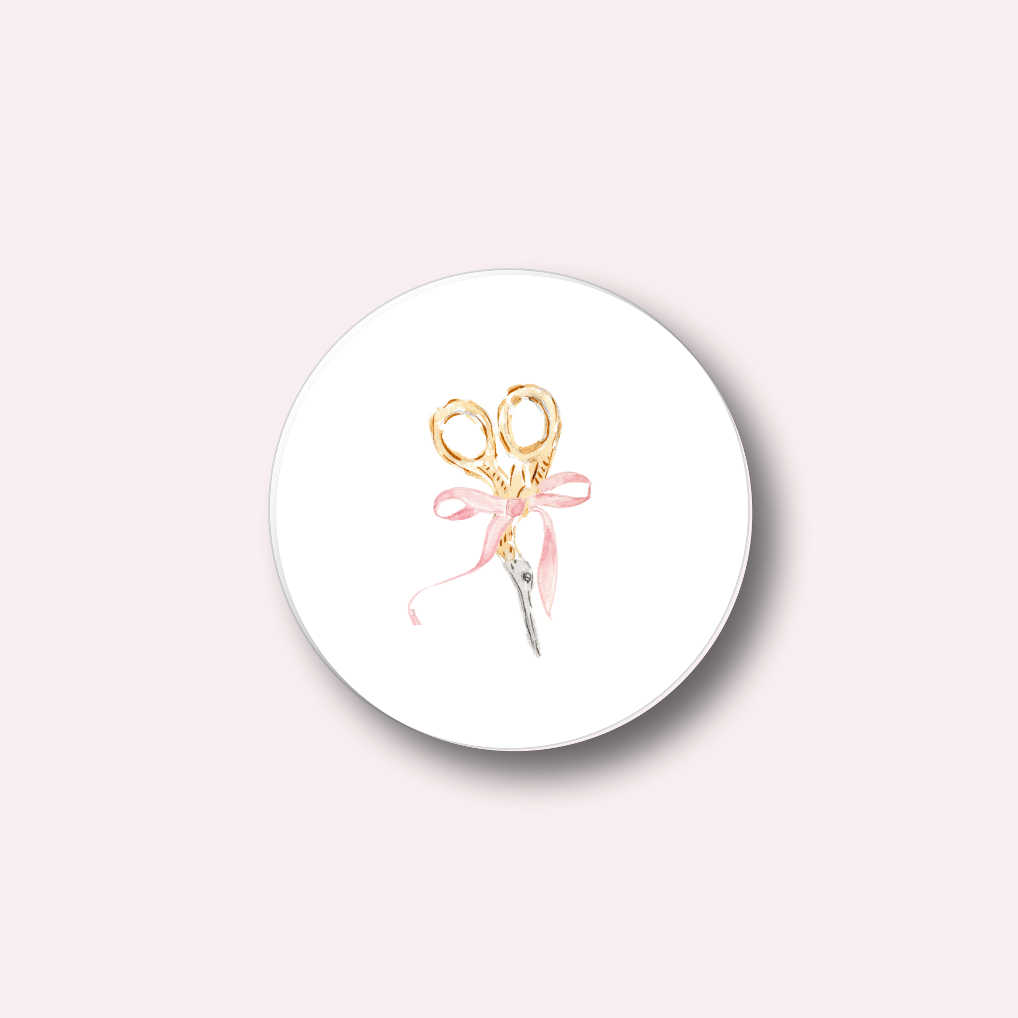 Needlepoint enclosure sticker with pink bow and scissors