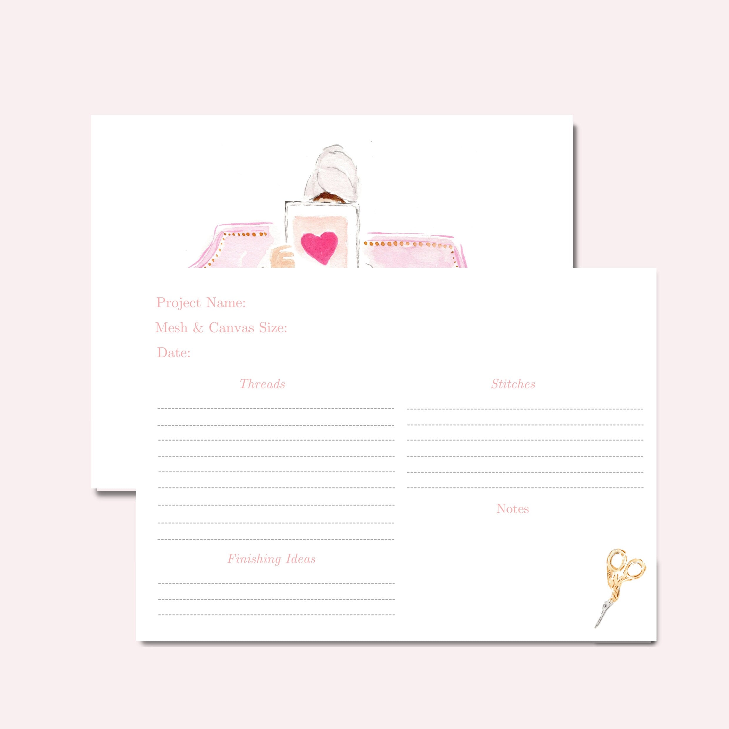 Needlepoint project organization cards with thread tracker and notes section