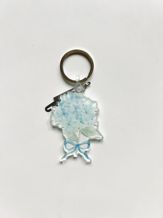 blue hydrangea key chain and needle threader for needlepoint