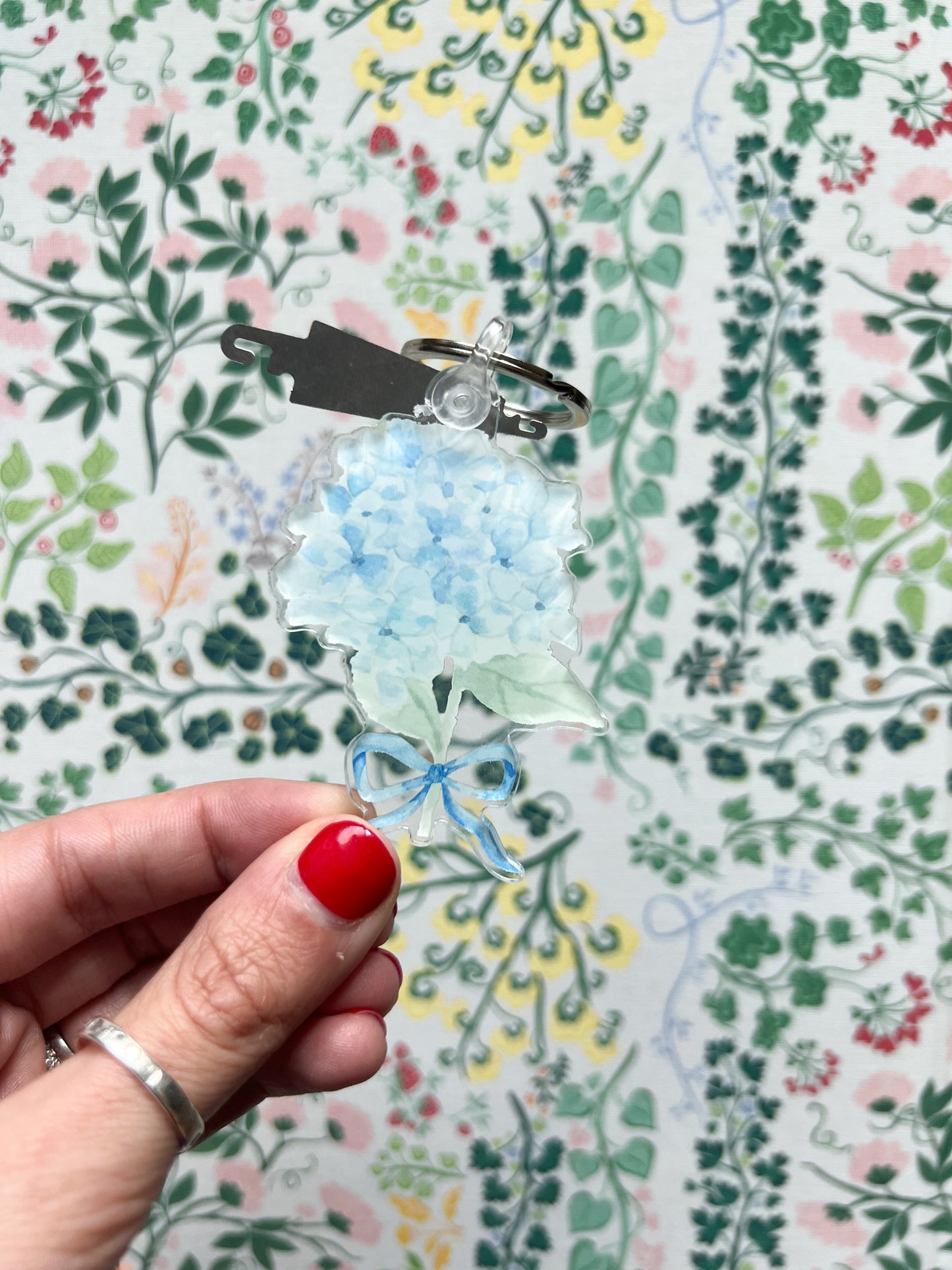 blue hydrangea key chain and needle threader for needlepoint