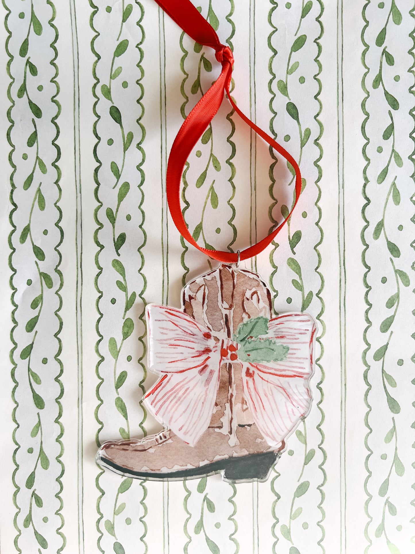 Acrylic Ornament: Holiday Boots & Bow