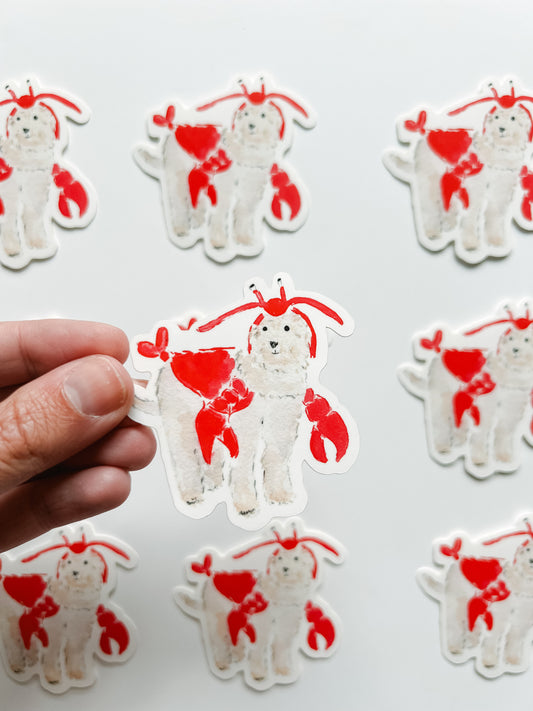 dog in lobster costume sticker 