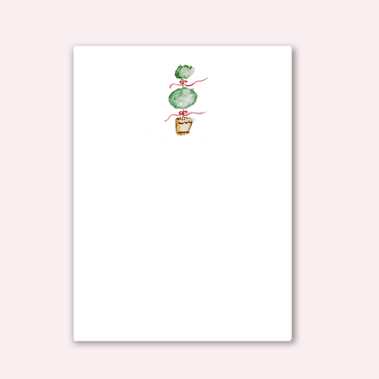Notepad with watercolor green topiary with red bows