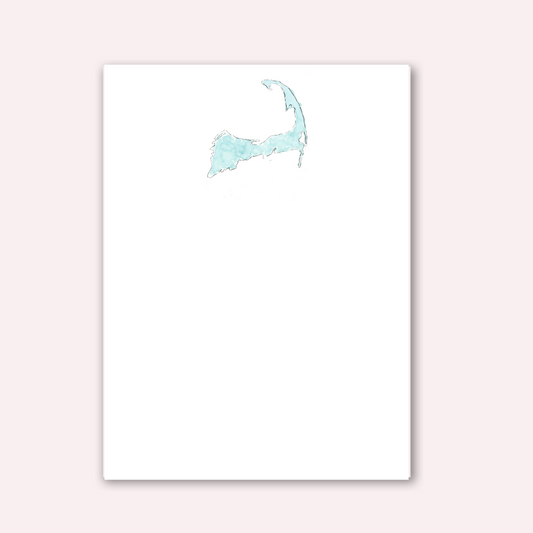 Notepad with watercolor map of Cape Cod in blue