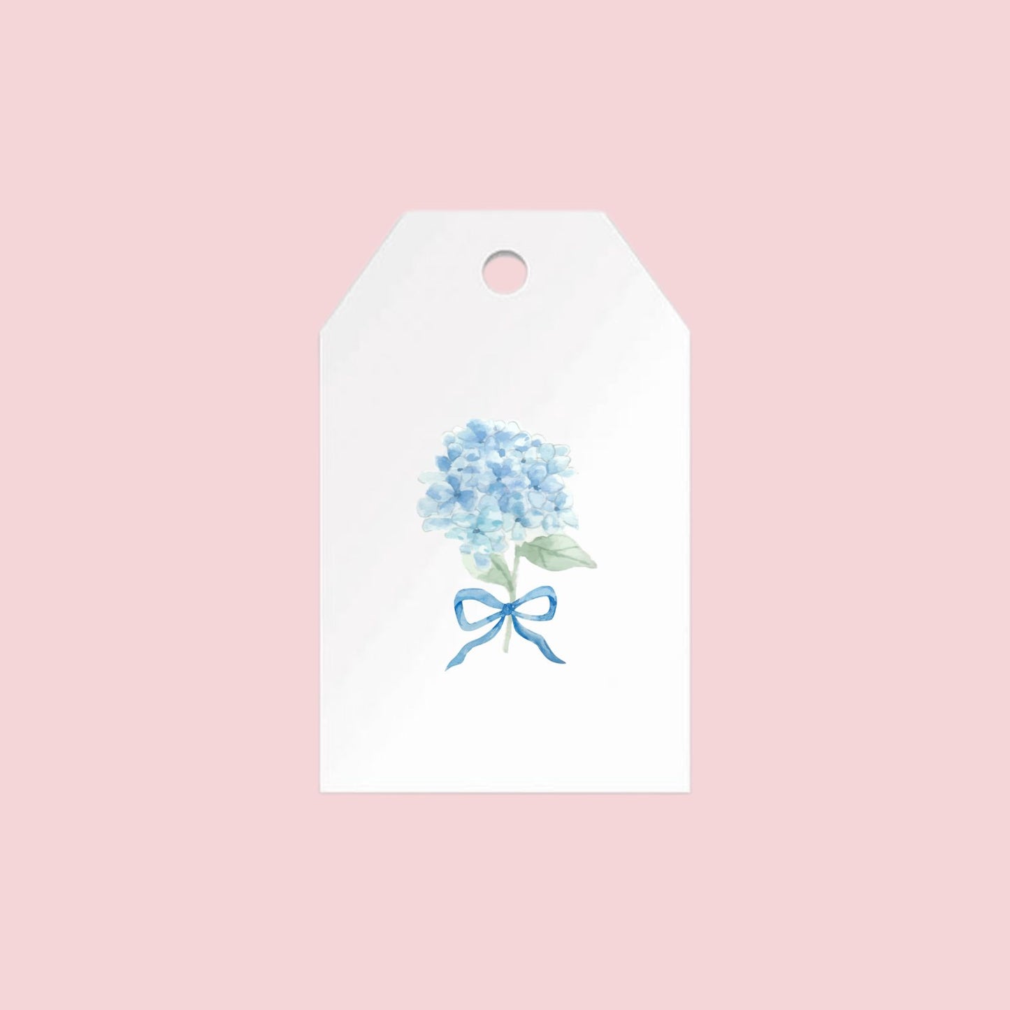 Blue watercolor hydrangea with blue bow on gift tag 