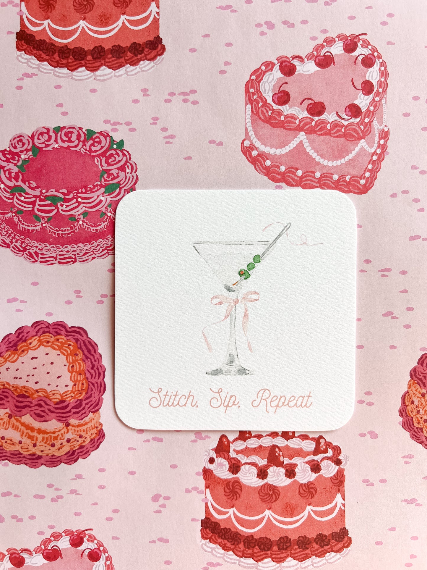 Stitch Sip Repeat Premium Coasters with Martini Glass| Party Pack of 6