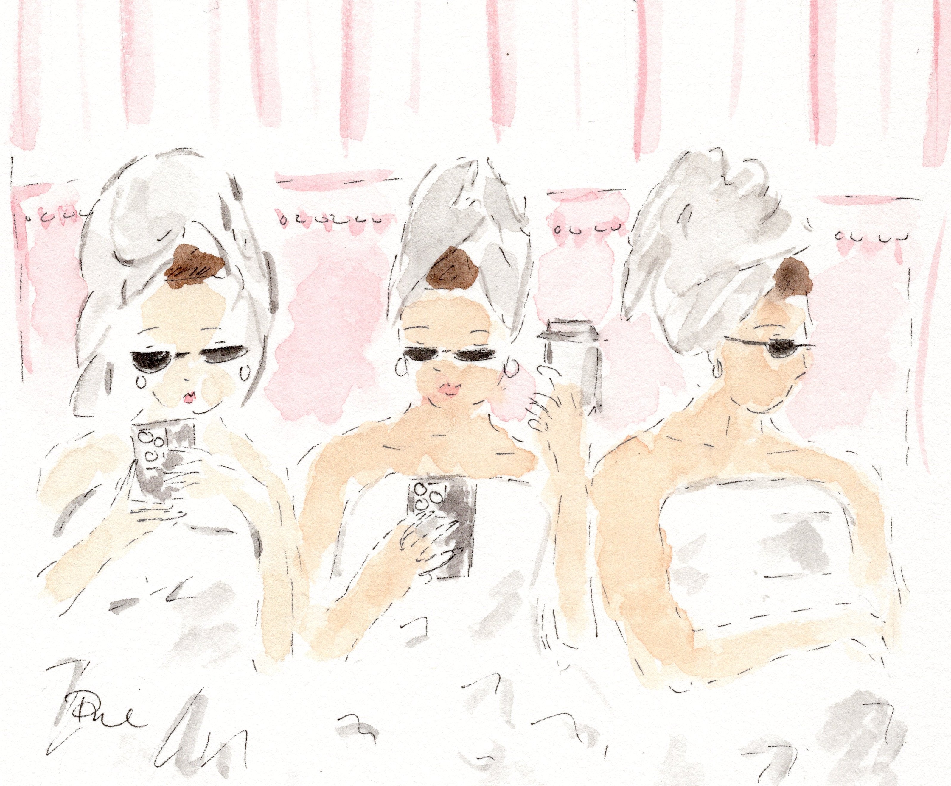 painting three girls with towels on their heads